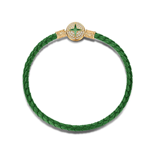 gon- Universal Polaris Green Leather Bracelet Tarnish-resistant Silver Bracelet With Enamel In 14K Gold Plated