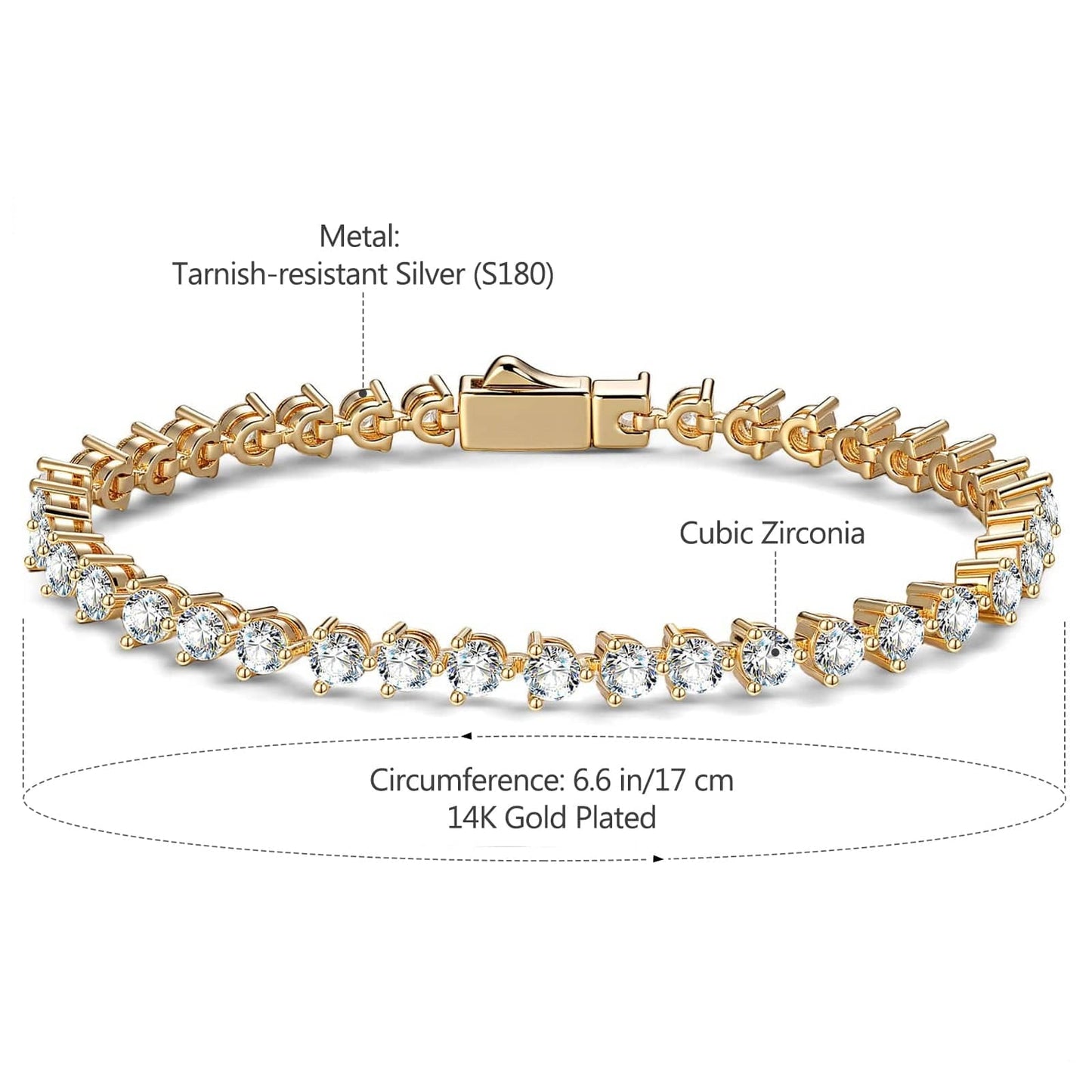 Tarnish-resistant Silver Cubic Zirconia Tennis Bracelet In 14K Gold Plated