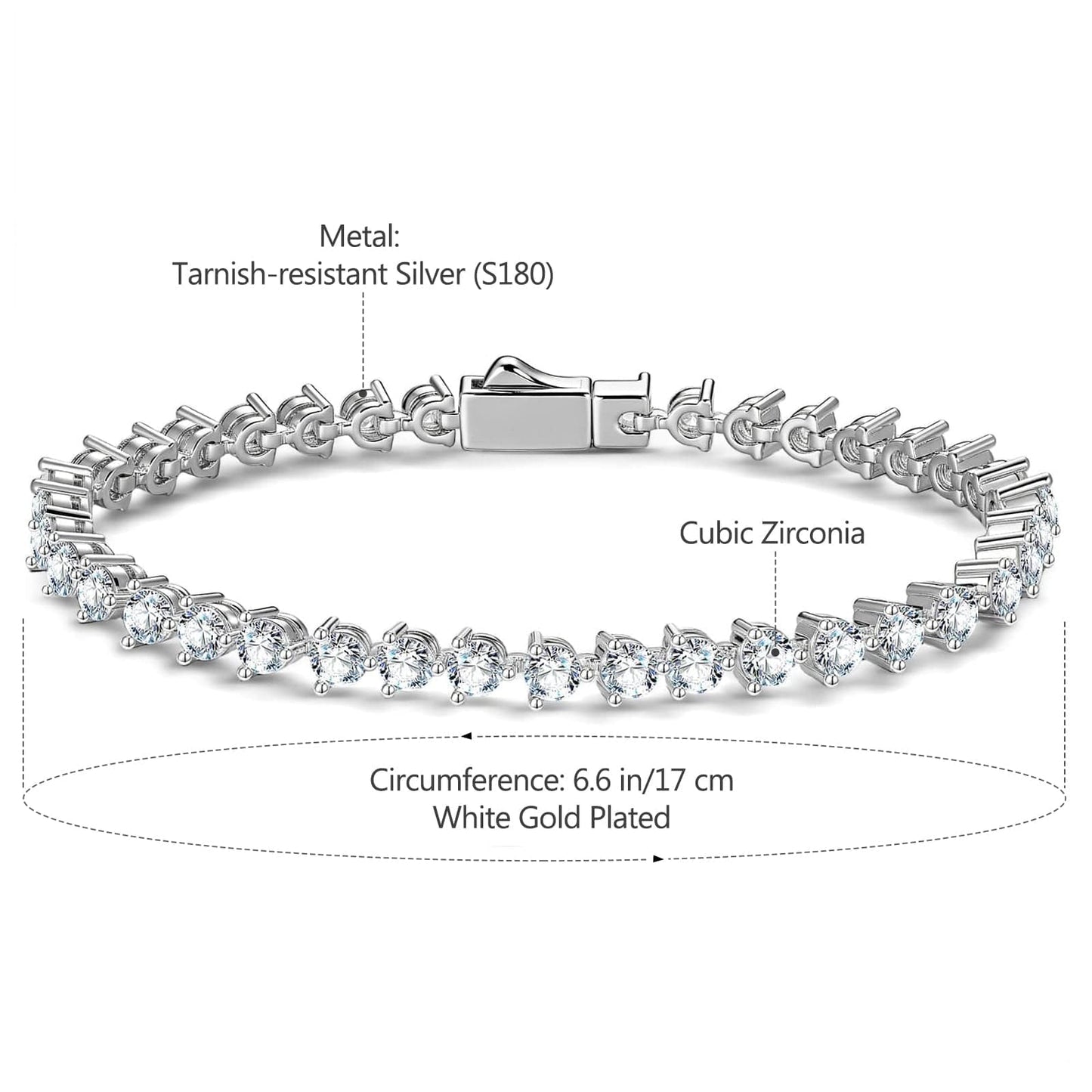 Tarnish-resistant Silver Cubic Zirconia Tennis Bracelet In White Gold Plated