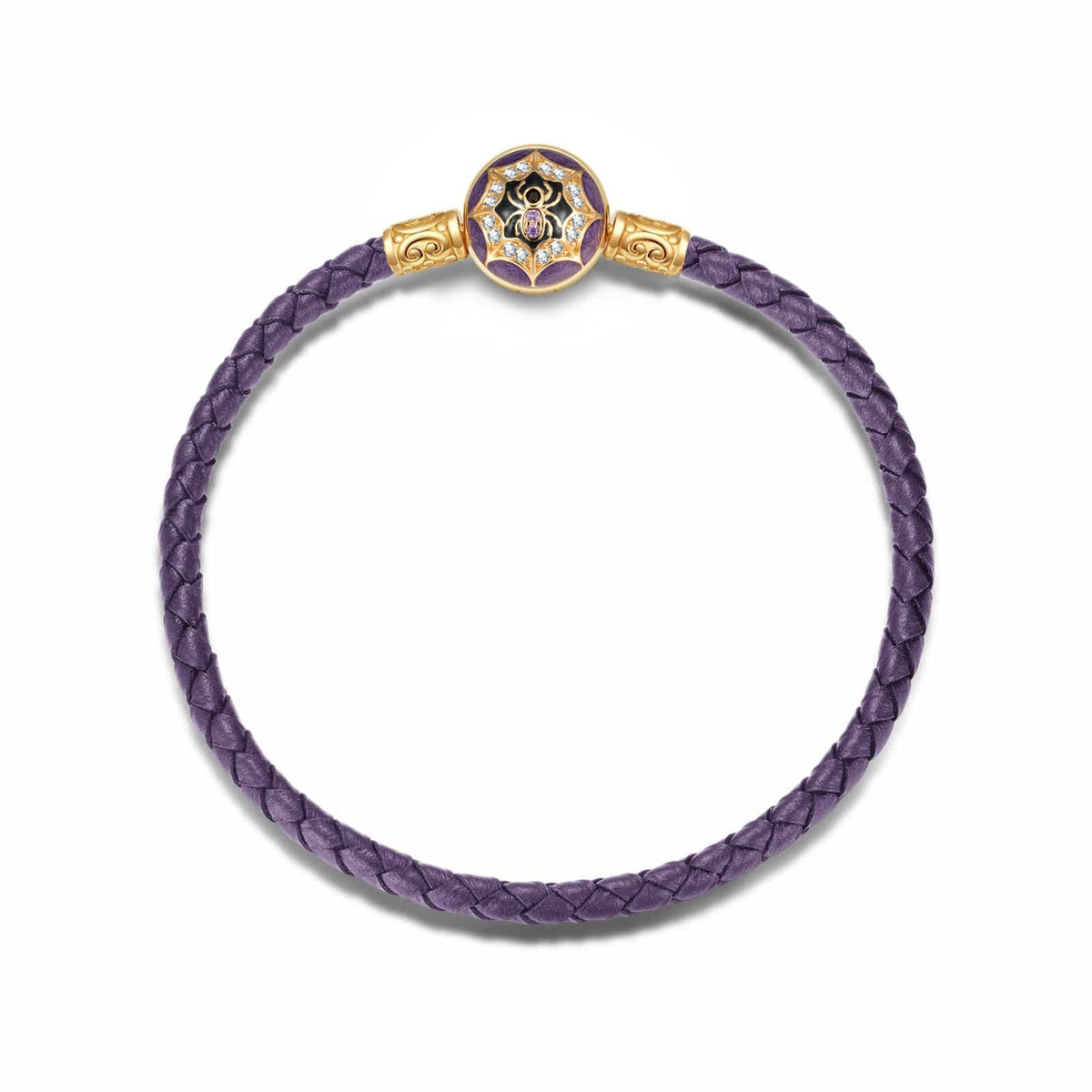 Halloween Purple Braided Cord Charm Bracelet with Spider Web Clasp in Tarnish-Resistant Silver