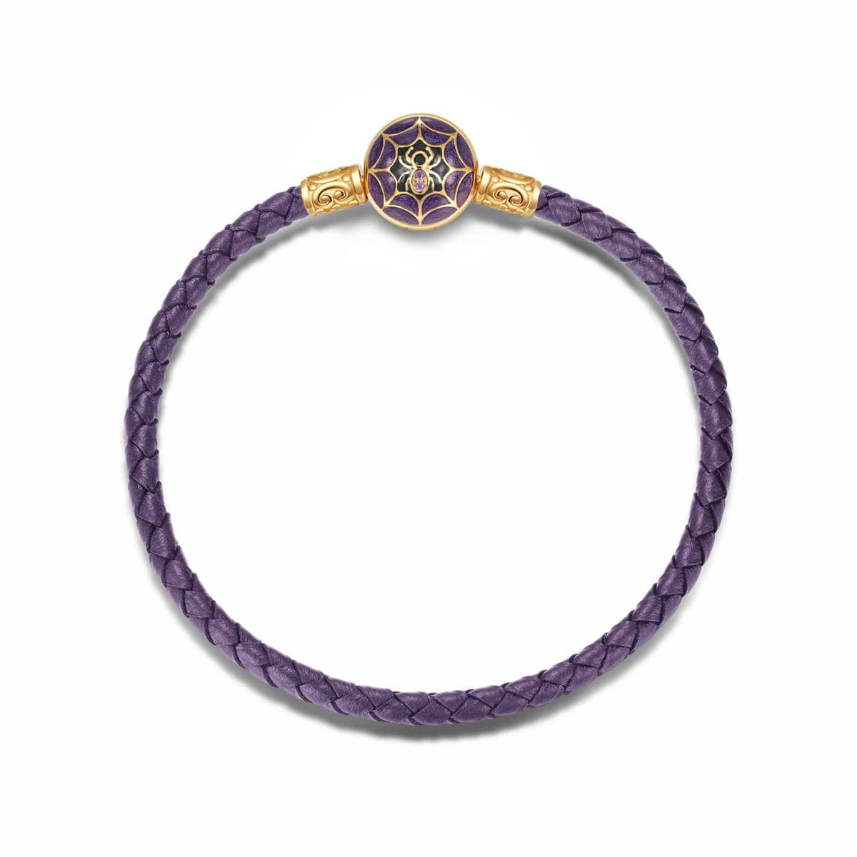 Halloween Purple Braided Cord Charm Bracelet with Spider Web Clasp in Tarnish-Resistant Silver