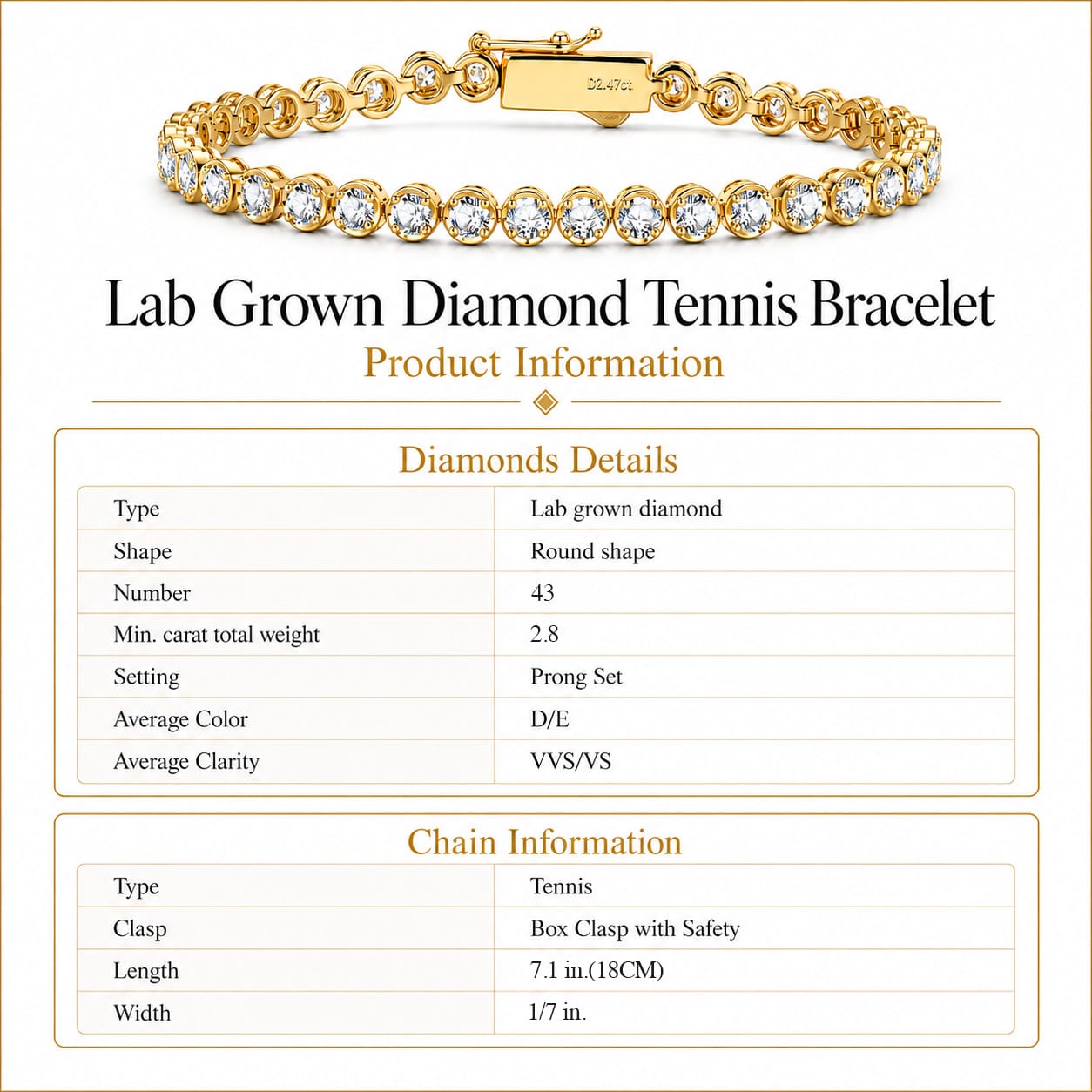 2.8 CT.TW Lab-Grown Diamond Tennis Bracelet in Gold-Tone Tarnish-Resistant Silver, 7.1 in / 18 cm (Includes IGI Certification from International Gemological Institute)