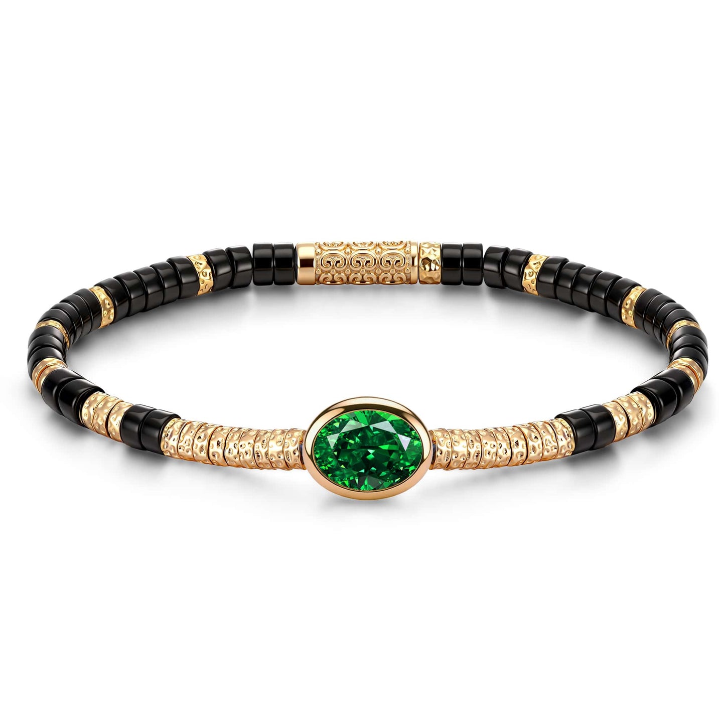 Black Onyx & Zambian Emerald Oval-Cut Focal Gemstone Statement Bracelet in Tarnish-Resistant Silver with 14K Gold Plating (Comes with Authentic GRC Gemstone Research Center Certification)