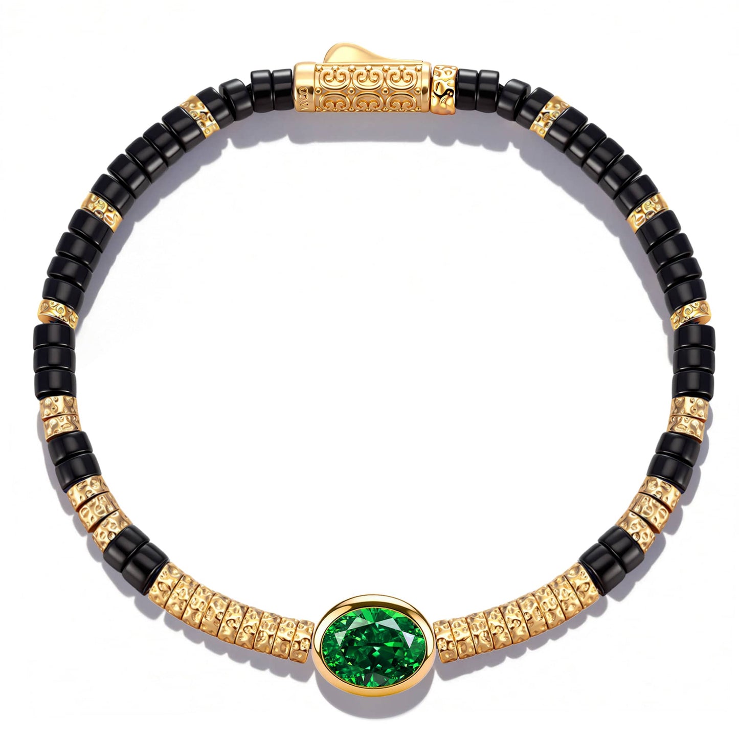 Black Onyx & Zambian Emerald Oval-Cut Focal Gemstone Statement Bracelet in Tarnish-Resistant Silver with 14K Gold Plating (Comes with Authentic GRC Gemstone Research Center Certification)