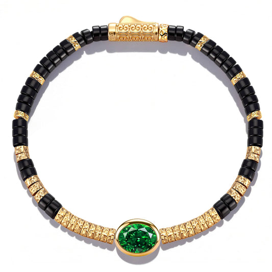 gona- Black Onyx & Zambian Emerald Oval-Cut Focal Gemstone Statement Bracelet in Tarnish-Resistant Silver with 14K Gold Plating (Comes with Authentic GRC Gemstone Research Center Certification)