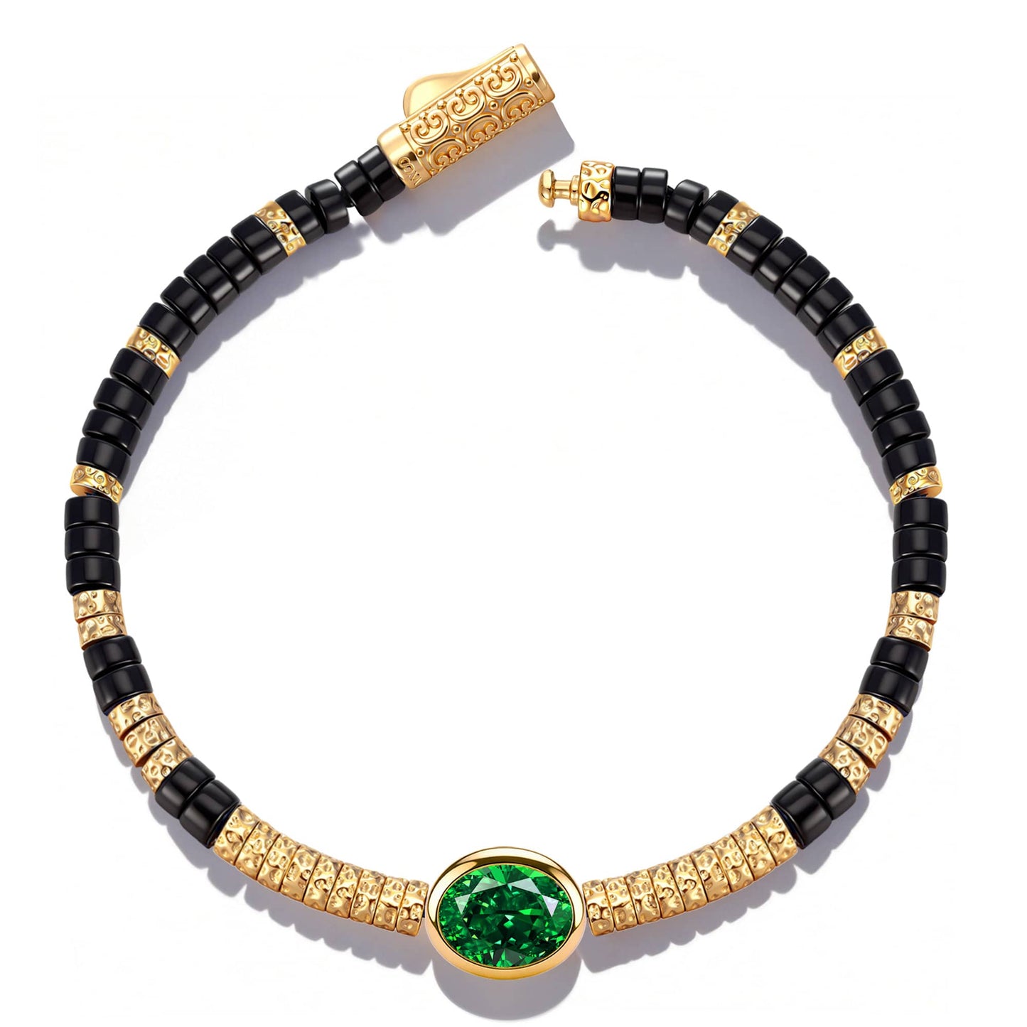 Black Onyx & Zambian Emerald Oval-Cut Focal Gemstone Statement Bracelet in Tarnish-Resistant Silver with 14K Gold Plating (Comes with Authentic GRC Gemstone Research Center Certification)