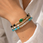 Black Onyx & Zambian Emerald Oval-Cut Focal Gemstone Statement Bracelet in Tarnish-Resistant Silver with 14K Gold Plating (Comes with Authentic GRC Gemstone Research Center Certification)