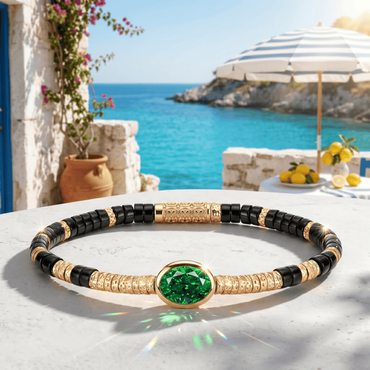 gona- Black Onyx & Zambian Emerald Oval-Cut Focal Gemstone Statement Bracelet in Tarnish-Resistant Silver with 14K Gold Plating (Comes with Authentic GRC Gemstone Research Center Certification)