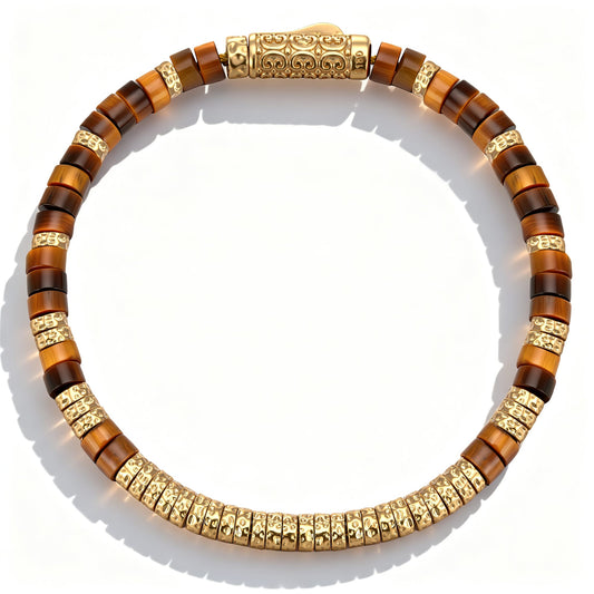 gona- PERFECTLY IMPERFECT Textured Beaded Bracelet In Natural Tiger’s Eye, Set In Tarnish-Resistant Silver With 14K Gold Finish