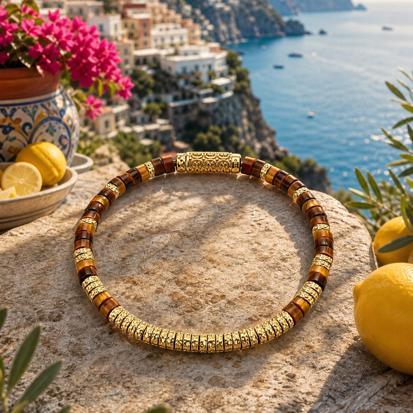 PERFECTLY IMPERFECT Textured Beaded Bracelet In Natural Tiger’s Eye, Set In Tarnish-Resistant Silver With 14K Gold Finish