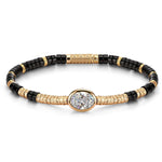 Black Onyx & Moissanite Oval-Cut Focal Gemstone Statement Bracelet in Tarnish-Resistant Silver with 14K Gold Plating (Comes with Authentic GRA Gemological Research Association Certification)