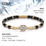 Black Onyx & Moissanite Oval-Cut Focal Gemstone Statement Bracelet in Tarnish-Resistant Silver with 14K Gold Plating (Comes with Authentic GRA Gemological Research Association Certification)