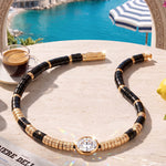 Black Onyx & Moissanite Oval-Cut Focal Gemstone Statement Bracelet in Tarnish-Resistant Silver with 14K Gold Plating (Comes with Authentic GRA Gemological Research Association Certification)