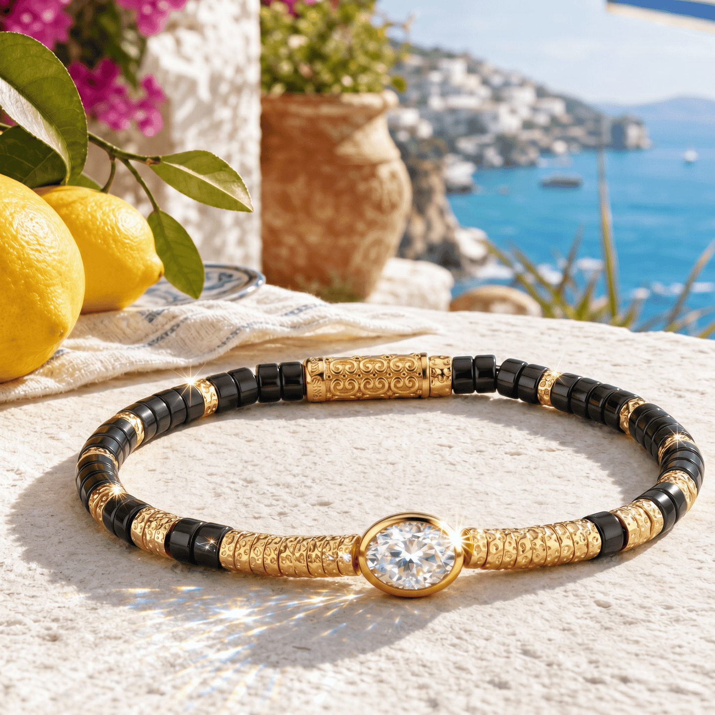 Black Onyx & Moissanite Oval-Cut Focal Gemstone Statement Bracelet in Tarnish-Resistant Silver with 14K Gold Plating (Comes with Authentic GRA Gemological Research Association Certification)