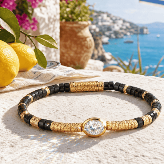 gona- Black Onyx & Moissanite Oval-Cut Focal Gemstone Statement Bracelet in Tarnish-Resistant Silver with 14K Gold Plating (Comes with Authentic GRA Gemological Research Association Certification)