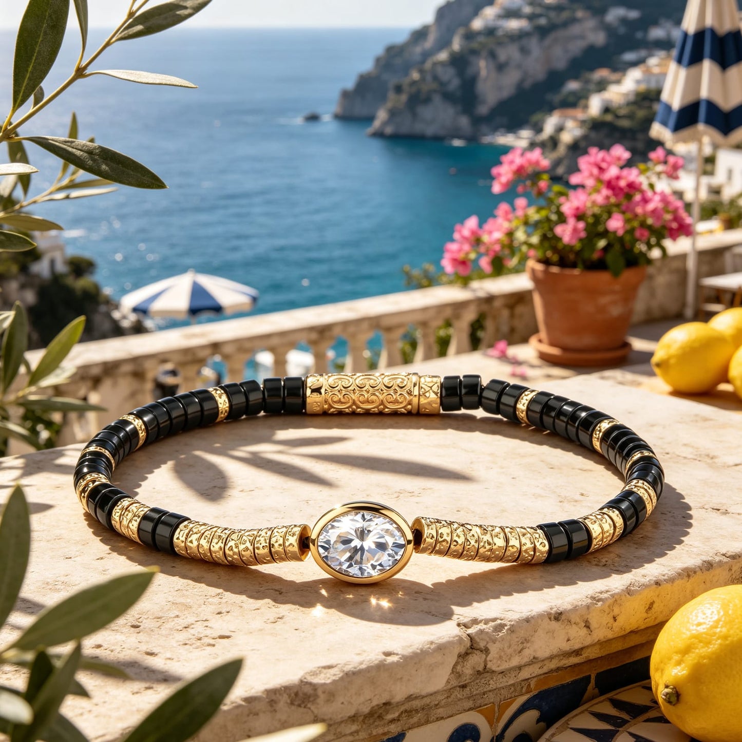 Black Onyx & Moissanite Oval-Cut Focal Gemstone Statement Bracelet in Tarnish-Resistant Silver with 14K Gold Plating (Comes with Authentic GRA Gemological Research Association Certification)