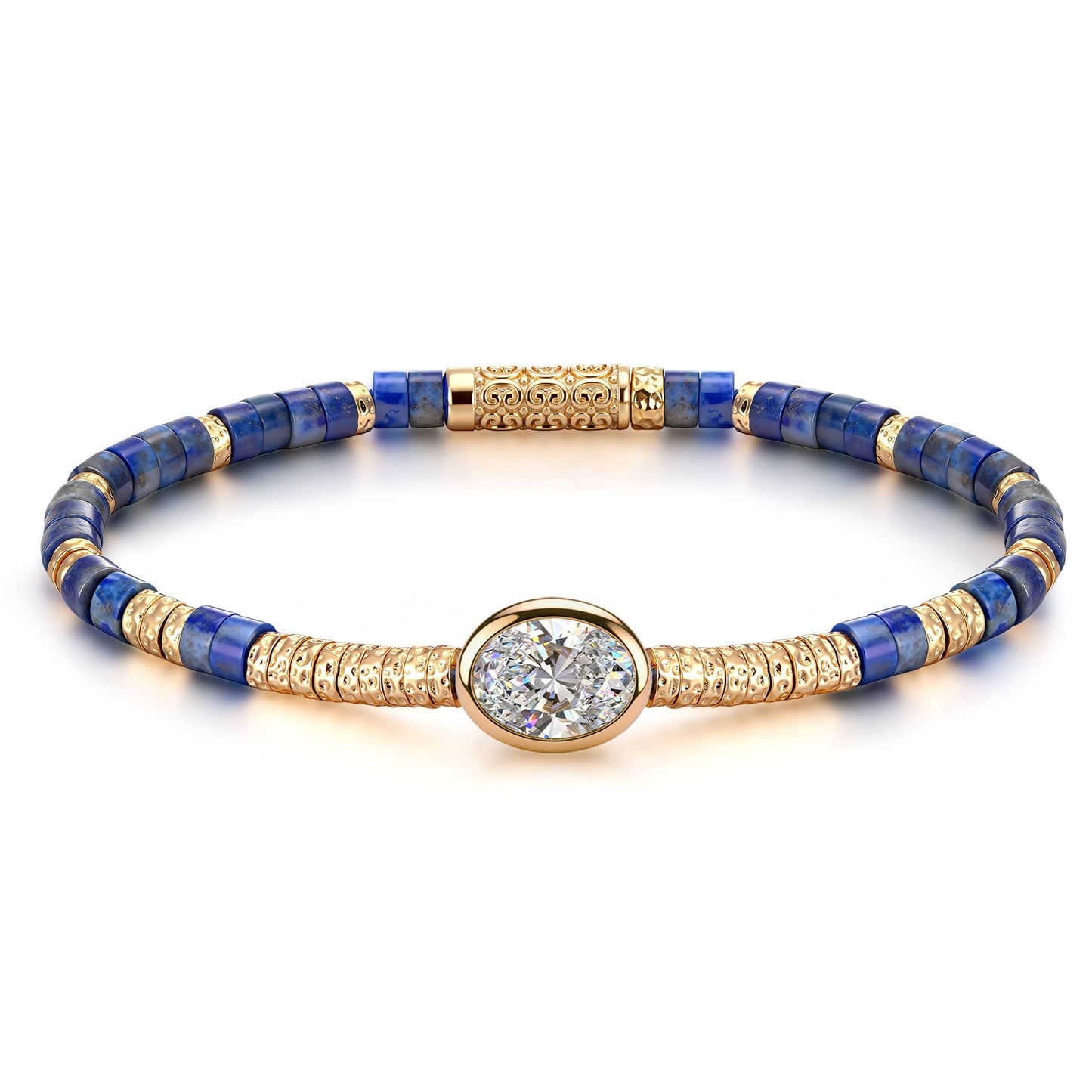 Lapis Lazuli & Moissanite Oval-Cut Focal Gemstone Statement Bracelet in Tarnish-Resistant Silver with 14K Gold Plating (Comes with Authentic GRA Gemological Research Association Certification)