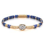 Lapis Lazuli & Moissanite Oval-Cut Focal Gemstone Statement Bracelet in Tarnish-Resistant Silver with 14K Gold Plating (Comes with Authentic GRA Gemological Research Association Certification)