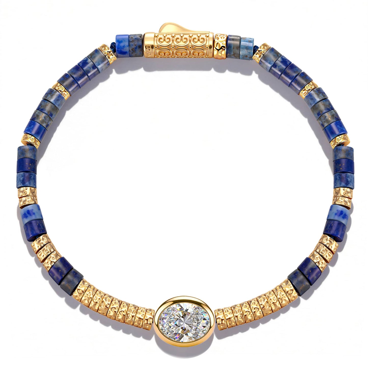 Lapis Lazuli & Moissanite Oval-Cut Focal Gemstone Statement Bracelet in Tarnish-Resistant Silver with 14K Gold Plating (Comes with Authentic GRA Gemological Research Association Certification)