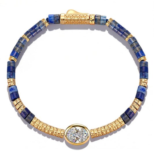 gona- Lapis Lazuli & Moissanite Oval-Cut Focal Gemstone Statement Bracelet in Tarnish-Resistant Silver with 14K Gold Plating (Comes with Authentic GRA Gemological Research Association Certification)