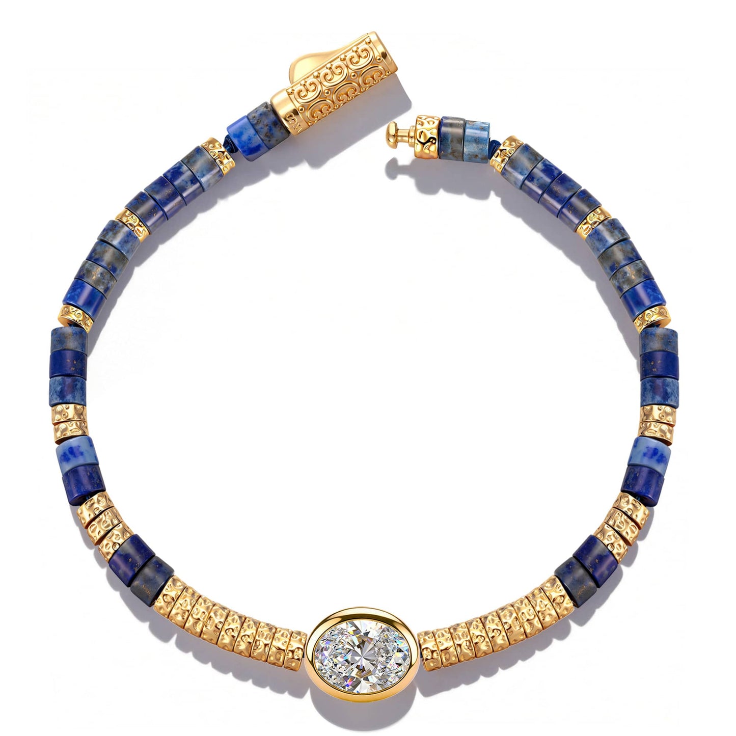 Lapis Lazuli & Moissanite Oval-Cut Focal Gemstone Statement Bracelet in Tarnish-Resistant Silver with 14K Gold Plating (Comes with Authentic GRA Gemological Research Association Certification)