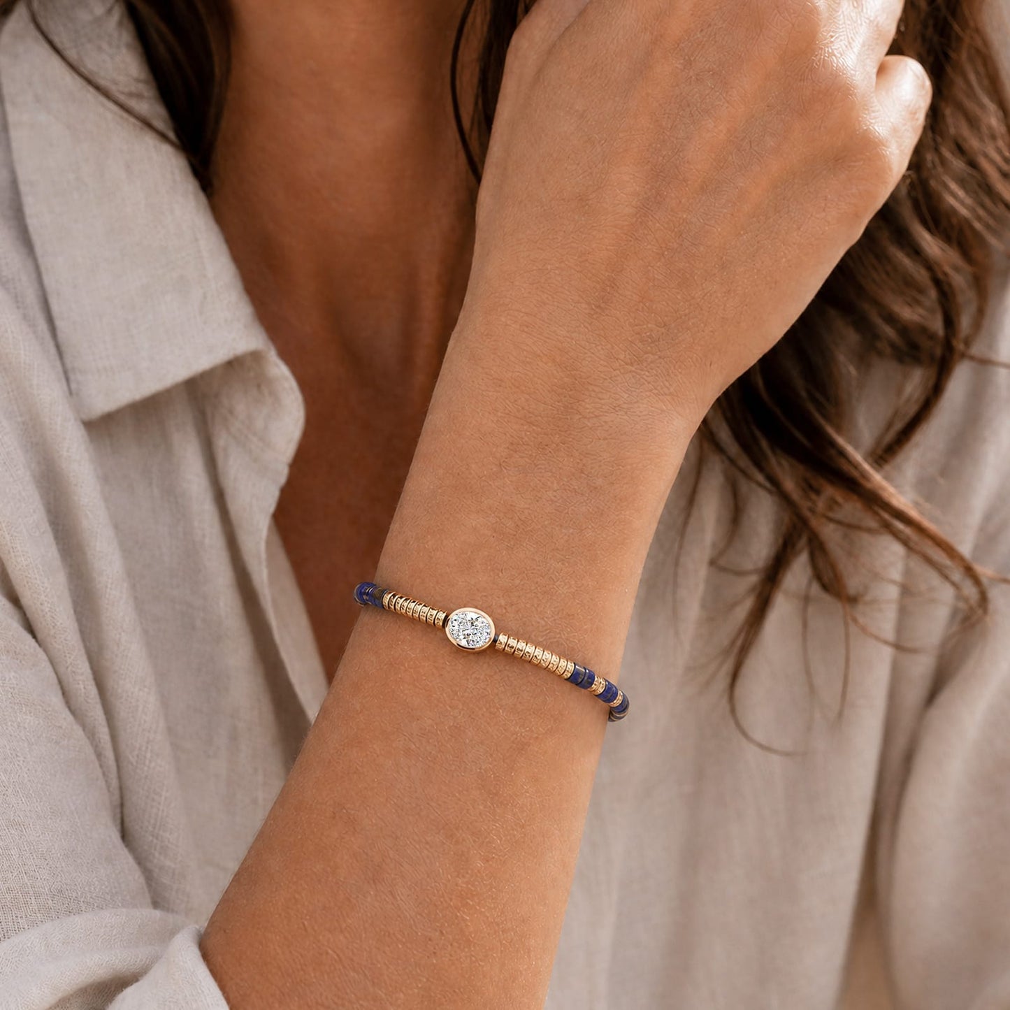Lapis Lazuli & Moissanite Oval-Cut Focal Gemstone Statement Bracelet in Tarnish-Resistant Silver with 14K Gold Plating (Comes with Authentic GRA Gemological Research Association Certification)