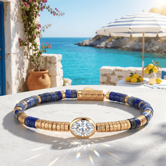 gona- Lapis Lazuli & Moissanite Oval-Cut Focal Gemstone Statement Bracelet in Tarnish-Resistant Silver with 14K Gold Plating (Comes with Authentic GRA Gemological Research Association Certification)