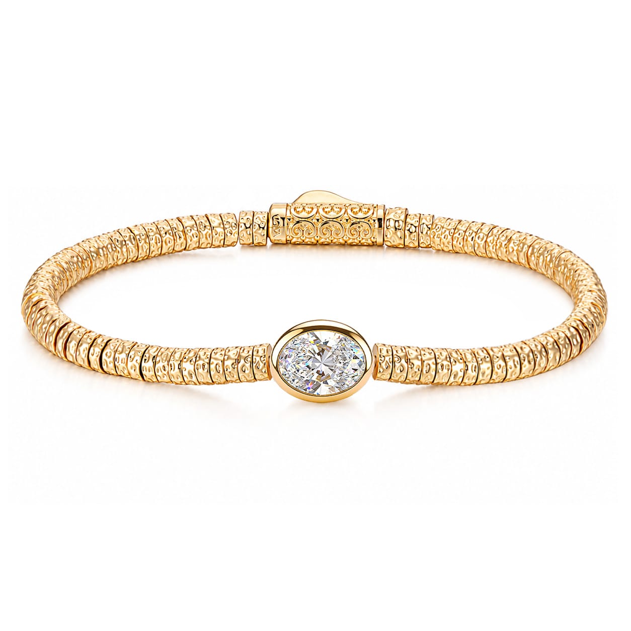 Solitaire Moissanite Oval-Cut Focal Gemstone Statement Bracelet in Tarnish-Resistant Silver with 14K Gold Plating (Comes with Authentic GRA Gemological Research Association Certification)