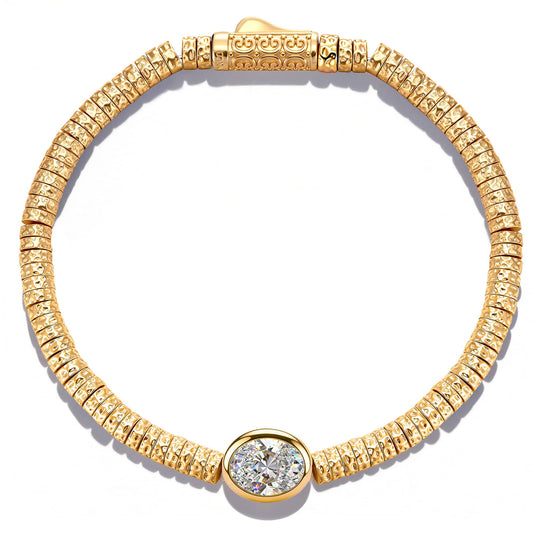 gona- Solitaire Moissanite Oval-Cut Focal Gemstone Statement Bracelet in Tarnish-Resistant Silver with 14K Gold Plating (Comes with Authentic GRA Gemological Research Association Certification)
