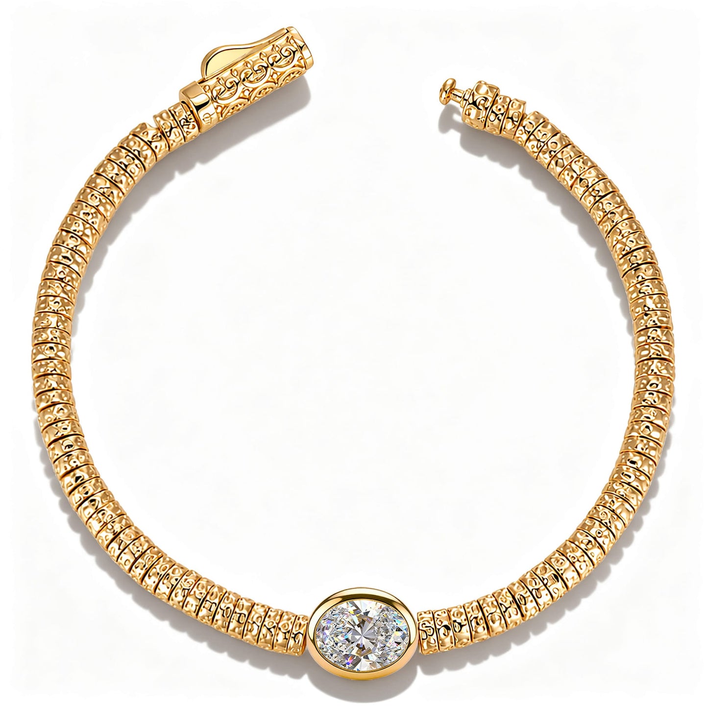 Solitaire Moissanite Oval-Cut Focal Gemstone Statement Bracelet in Tarnish-Resistant Silver with 14K Gold Plating (Comes with Authentic GRA Gemological Research Association Certification)