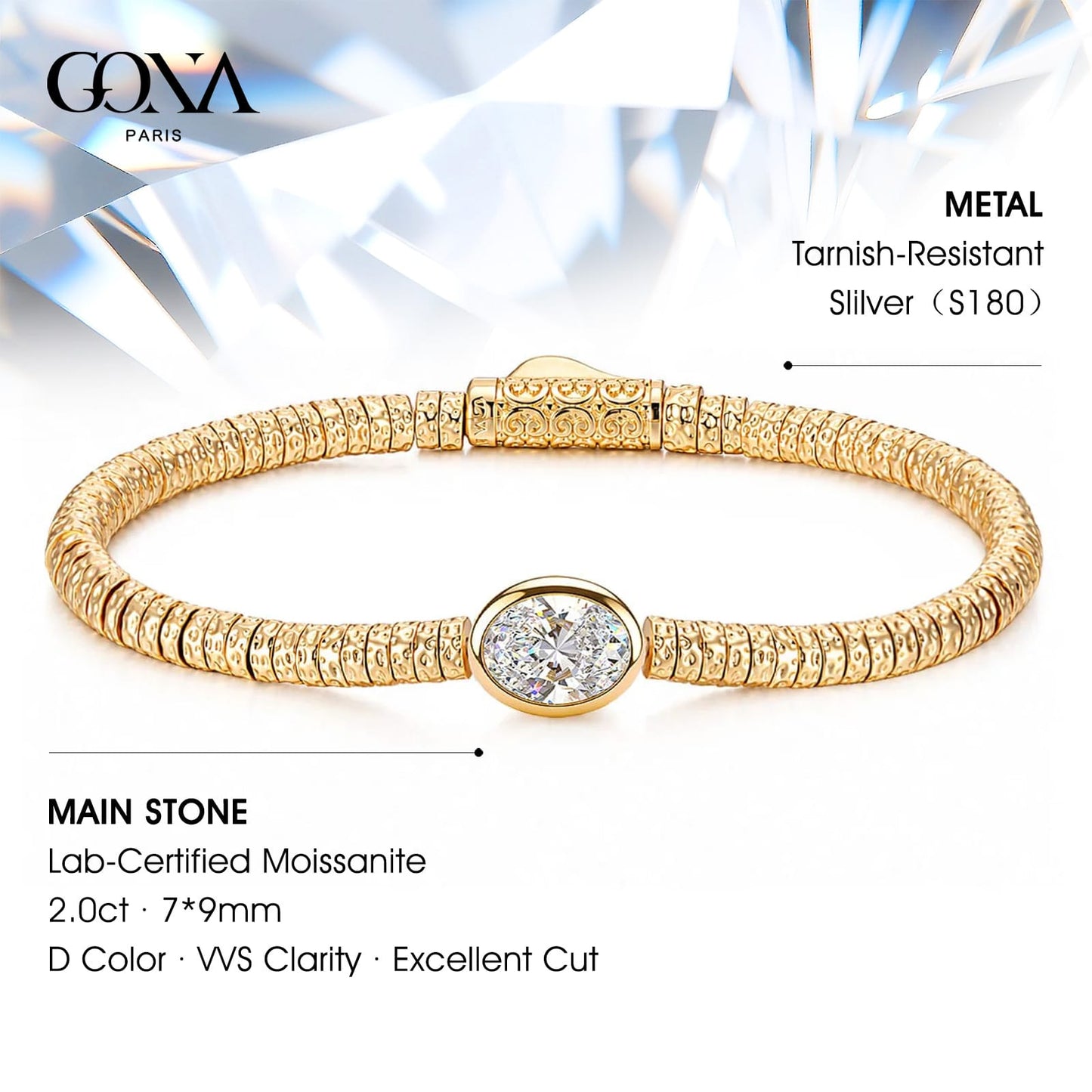 Solitaire Moissanite Oval-Cut Focal Gemstone Statement Bracelet in Tarnish-Resistant Silver with 14K Gold Plating (Comes with Authentic GRA Gemological Research Association Certification)
