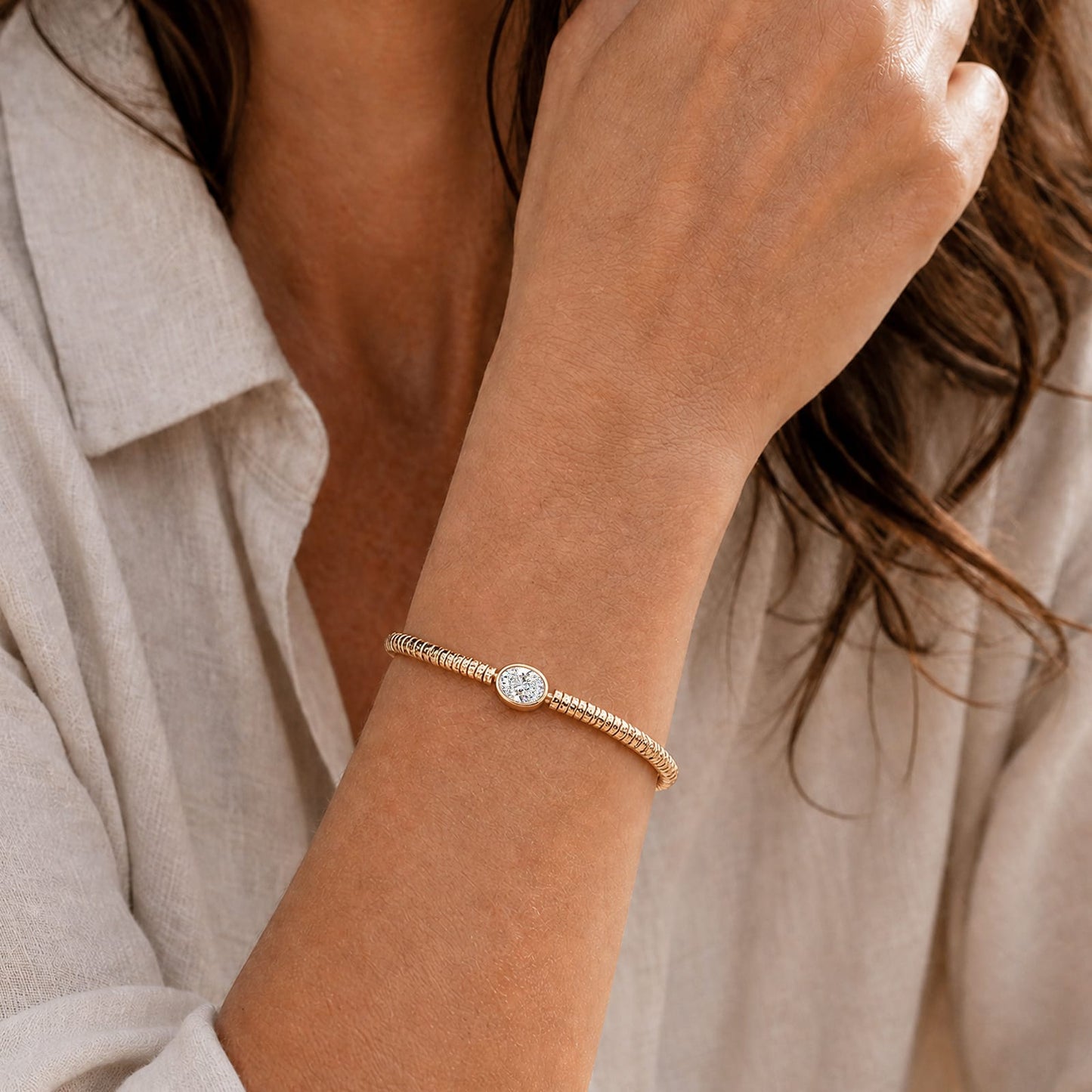 Solitaire Moissanite Oval-Cut Focal Gemstone Statement Bracelet in Tarnish-Resistant Silver with 14K Gold Plating (Comes with Authentic GRA Gemological Research Association Certification)