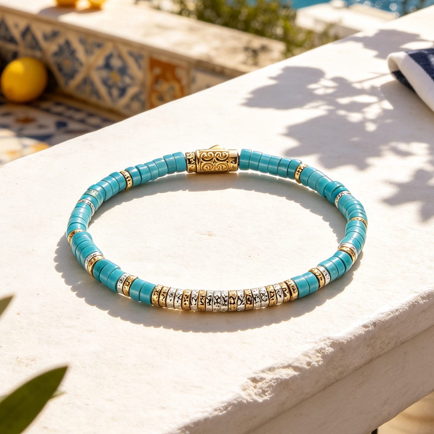 Boundless Loops Handcrafted Bracelet in Natural Turquoise with Tarnish-Resistant Silver, Bi-Color Galaxy Gold Plating