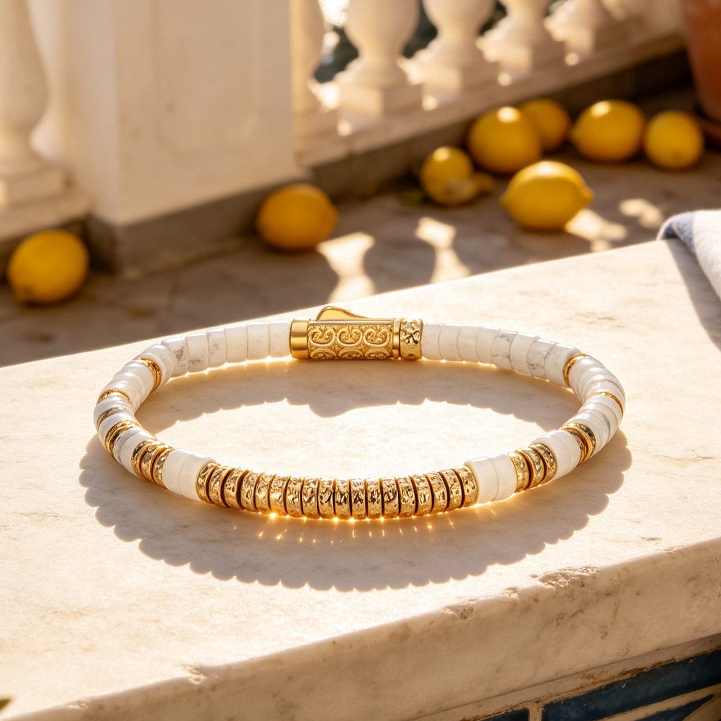 Boundless Loops Handcrafted Bracelet in Natural White Howlite with Tarnish-Resistant Silver Base & 14K Gold Finish