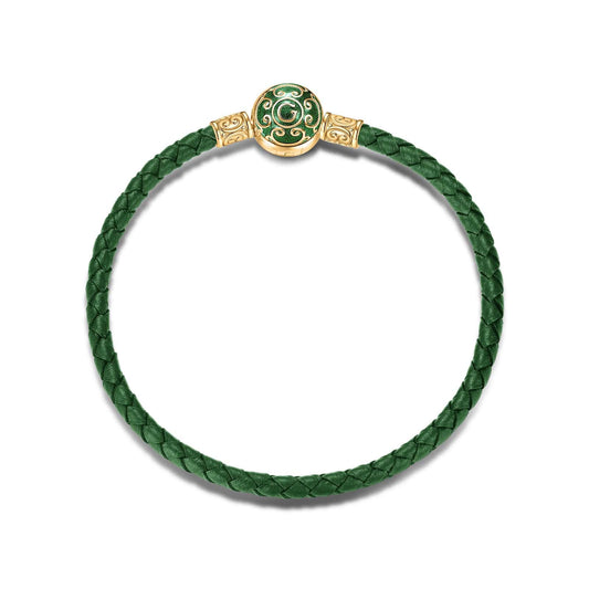 gona- Sterling Silver Universal Green Leather Bracelet With Enamel In 14K Gold Plated