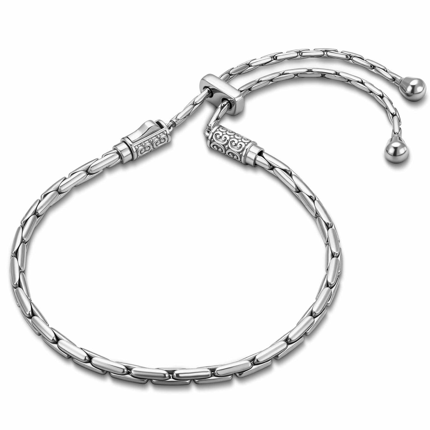 Solid Sterling Silver Adjustable Bamboo-Link Slider Charms Bracelet - White Gold Plated · Easy One-Hand Fit