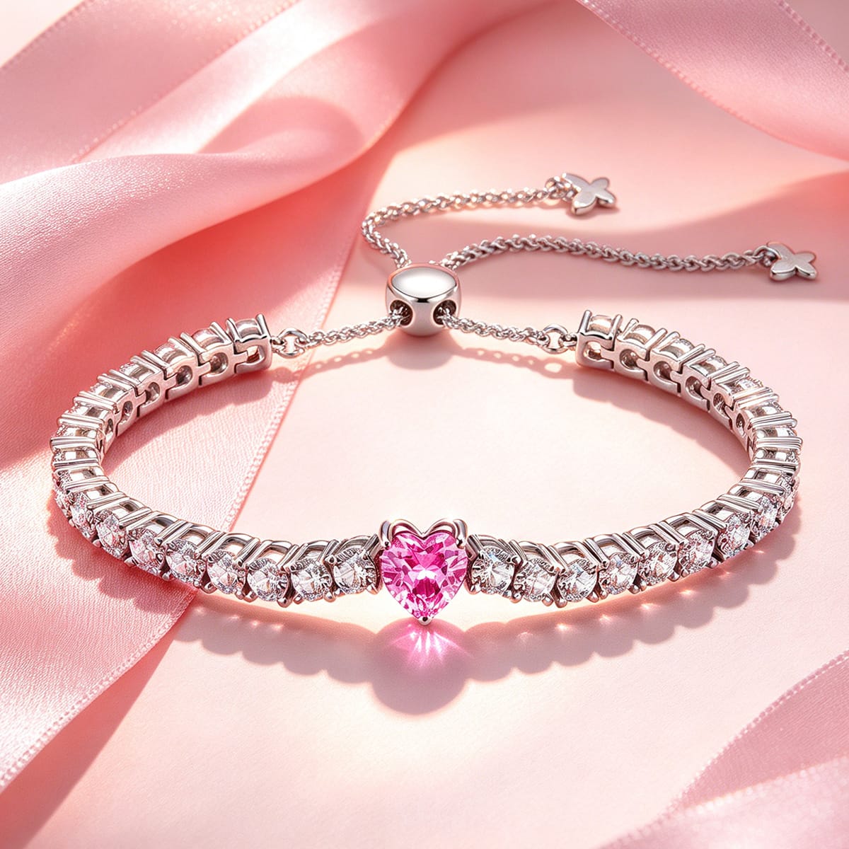 Lab-Created Heart Pink Sapphire Tarnish-Resistant Silver Chain Bracelet In White Gold Plated (Includes GRC Certification From Gemstone Research Center)