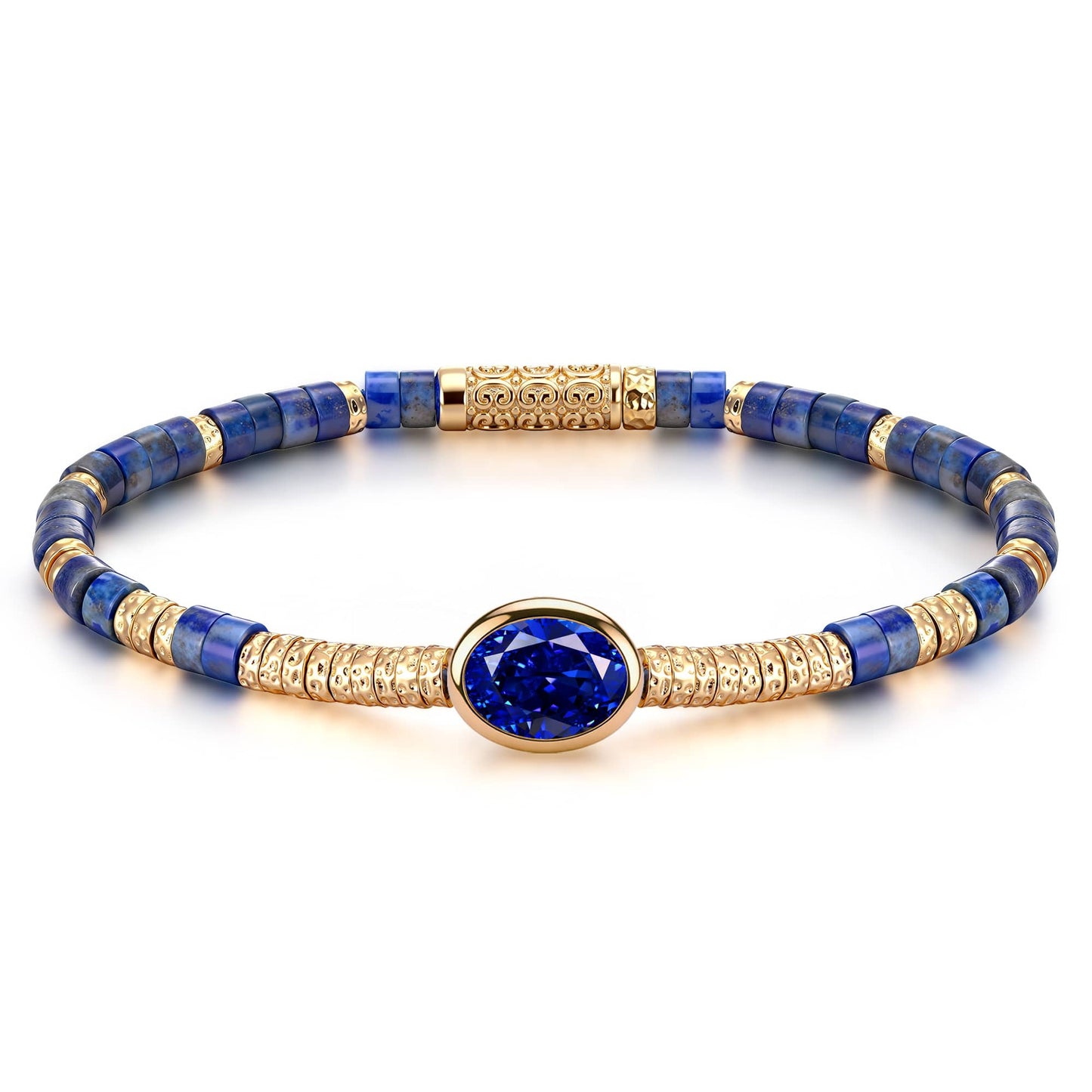 Lapis Lazuli & Lab-Created Sapphire Oval-Cut Focal Gemstone Statement Bracelet in Tarnish-Resistant Silver with 14K Gold Plating (Comes with Authentic GRC Gemstone Research Center Certification)