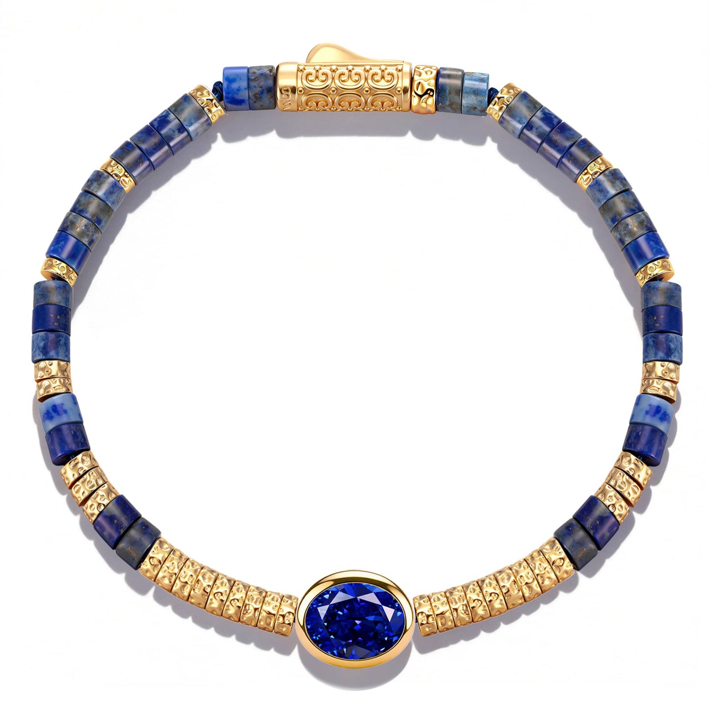 Lapis Lazuli & Lab-Created Sapphire Oval-Cut Focal Gemstone Statement Bracelet in Tarnish-Resistant Silver with 14K Gold Plating (Comes with Authentic GRC Gemstone Research Center Certification)