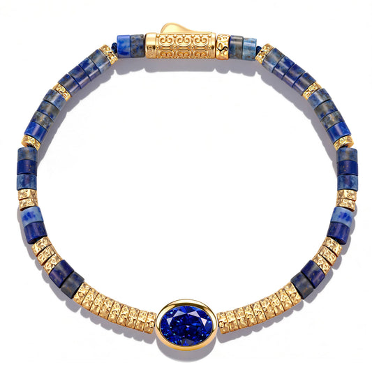 gona- Lapis Lazuli & Lab-Created Sapphire Oval-Cut Focal Gemstone Statement Bracelet in Tarnish-Resistant Silver with 14K Gold Plating (Comes with Authentic GRC Gemstone Research Center Certification)
