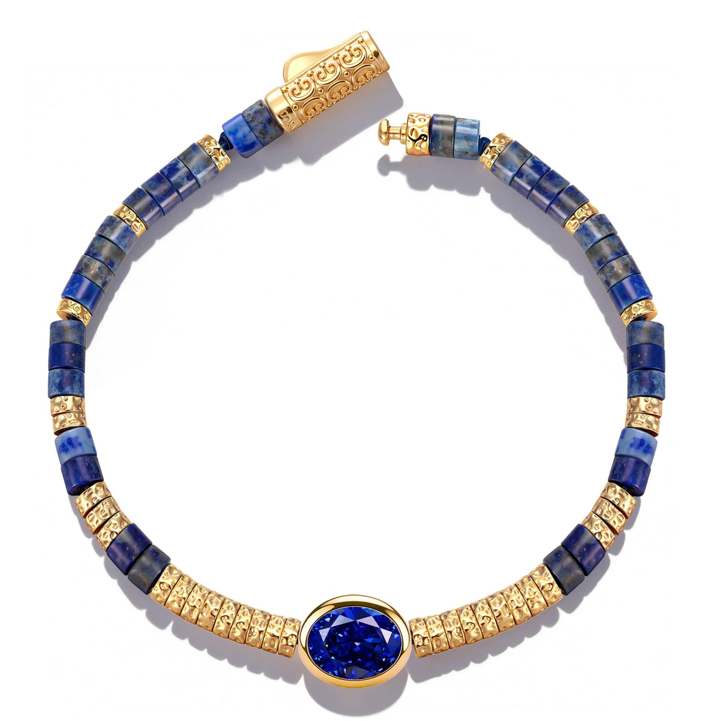Lapis Lazuli & Lab-Created Sapphire Oval-Cut Focal Gemstone Statement Bracelet in Tarnish-Resistant Silver with 14K Gold Plating (Comes with Authentic GRC Gemstone Research Center Certification)