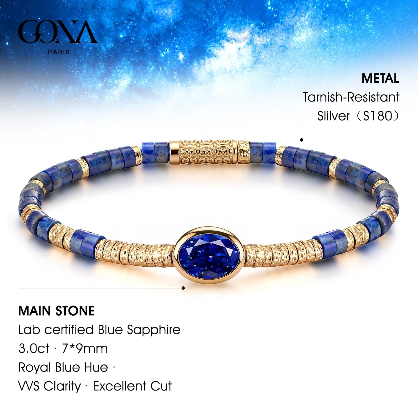 Lapis Lazuli & Lab-Created Sapphire Oval-Cut Focal Gemstone Statement Bracelet in Tarnish-Resistant Silver with 14K Gold Plating (Comes with Authentic GRC Gemstone Research Center Certification)