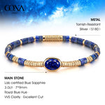 Lapis Lazuli & Lab-Created Sapphire Oval-Cut Focal Gemstone Statement Bracelet in Tarnish-Resistant Silver with 14K Gold Plating (Comes with Authentic GRC Gemstone Research Center Certification)