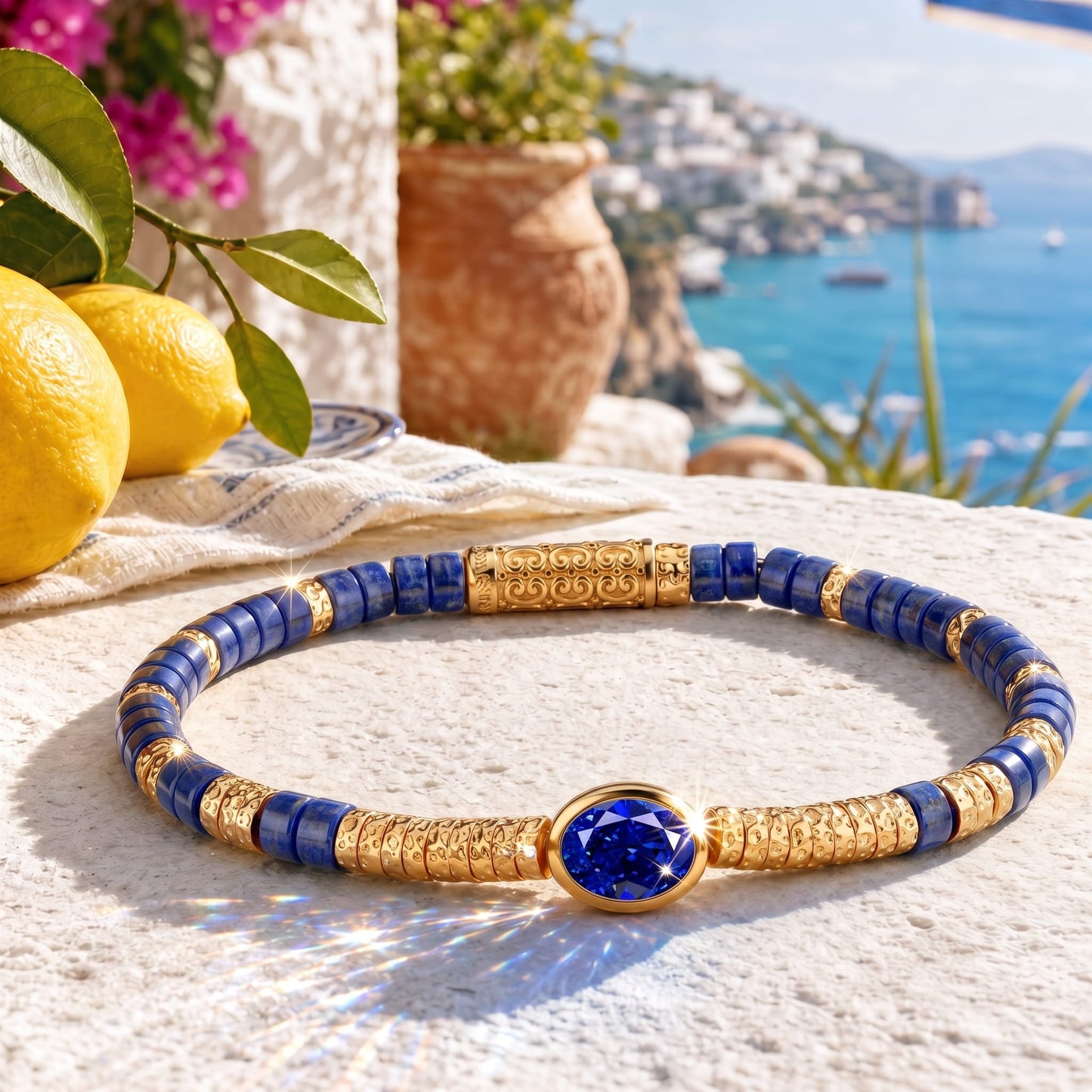 Lapis Lazuli & Lab-Created Sapphire Oval-Cut Focal Gemstone Statement Bracelet in Tarnish-Resistant Silver with 14K Gold Plating (Comes with Authentic GRC Gemstone Research Center Certification)
