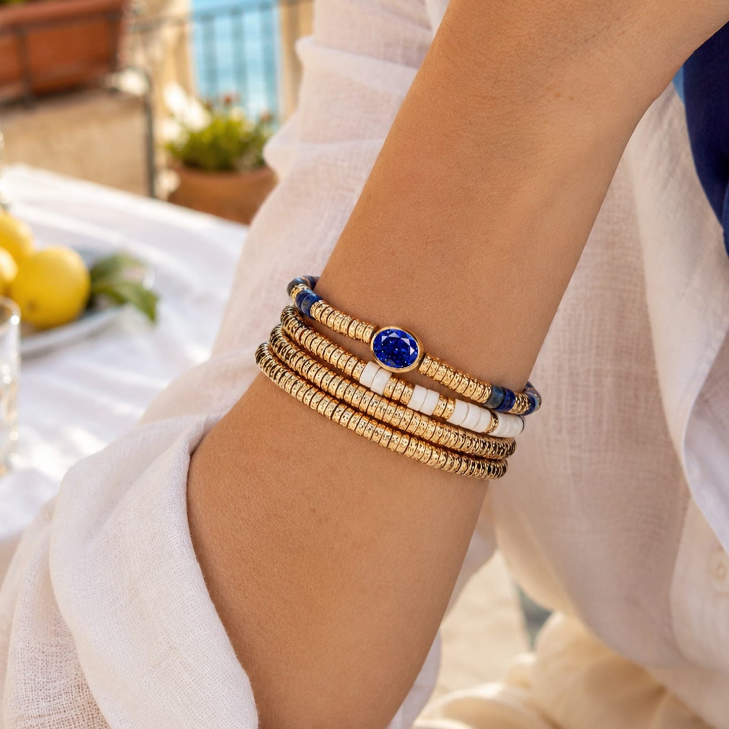 Lapis Lazuli & Lab-Created Sapphire Oval-Cut Focal Gemstone Statement Bracelet in Tarnish-Resistant Silver with 14K Gold Plating (Comes with Authentic GRC Gemstone Research Center Certification)
