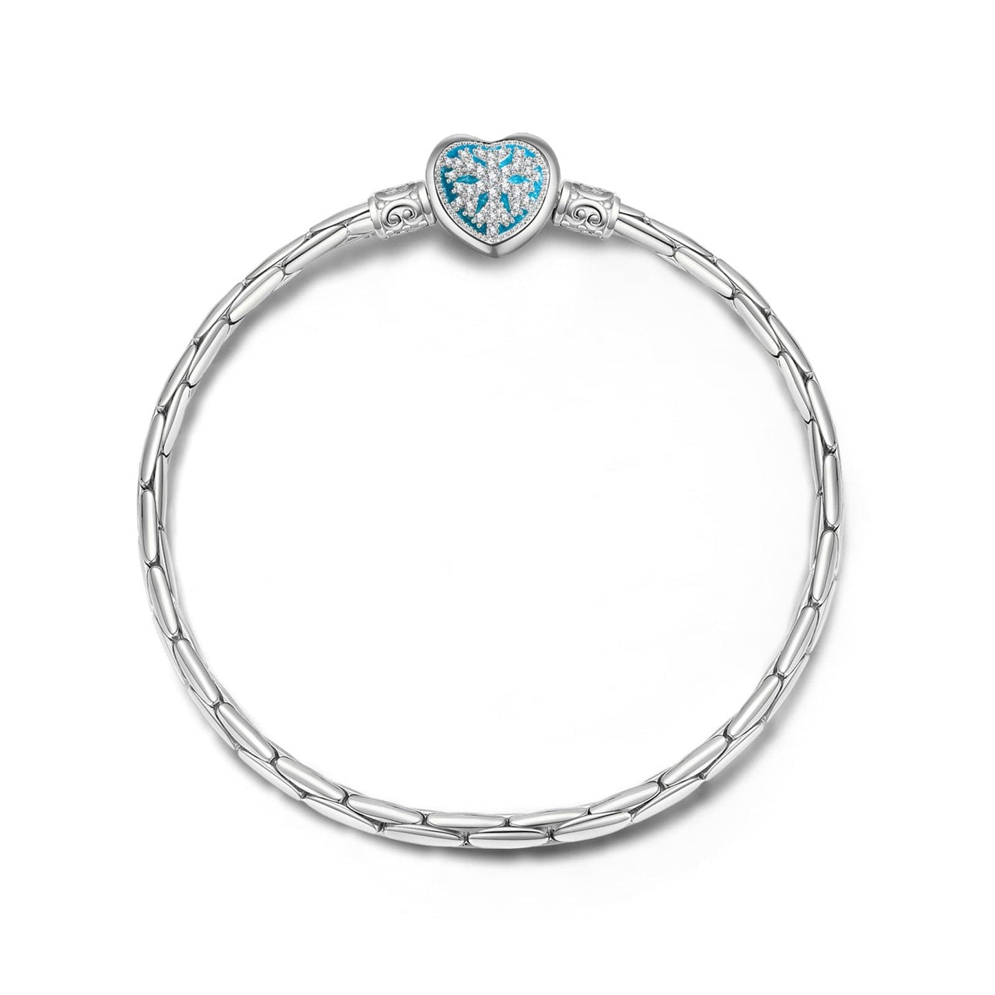 Sterling Silver Snowflake Blue Heart Bamboo Chain Bracelet With Enamel In White Gold Plated