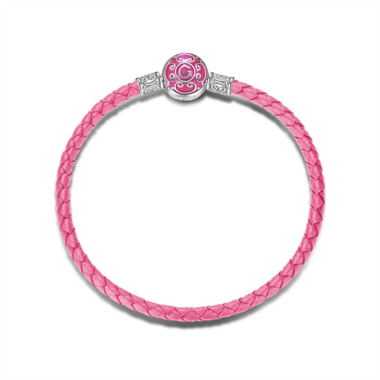 gon- Sterling Silver Universal Pink Leather Bracelet With Enamel In White Gold Plated