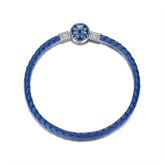 gon- Sterling Silver Universal Blue Leather Bracelet With Enamel In White Gold Plated