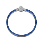 Sterling Silver Universal Blue Leather Bracelet In White Gold Plated