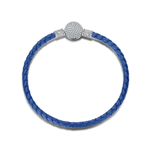 gon- Sterling Silver Universal Blue Leather Bracelet In White Gold Plated